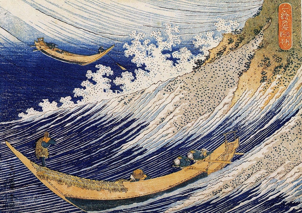 arte-japones-ukiyo-e.-Xilografia-madera-katsushika-hokusai.-Olas-barcos-de-pescadores